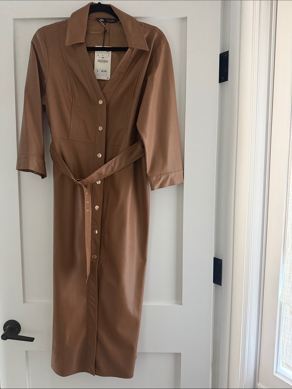 zara Brown Faux Leather Shirt Dress with Belt